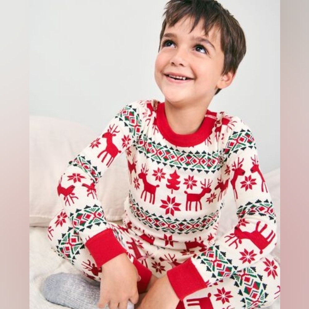 🎅 Hanna Andersson Red White Dear Deer Organic Cotton Boys 14 Christmas Pajamas